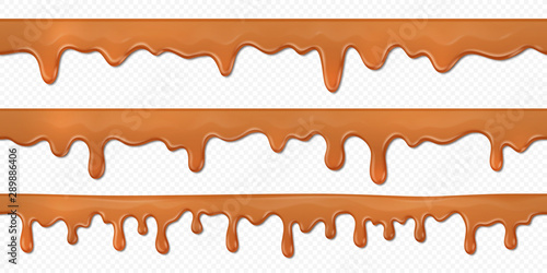 Seamless caramel drips. Realistic 3D toffee flows isolated on white background, melted milk chocolate horizontal splash. Vector illustration cream sauce or honey pour for sweets pastry set