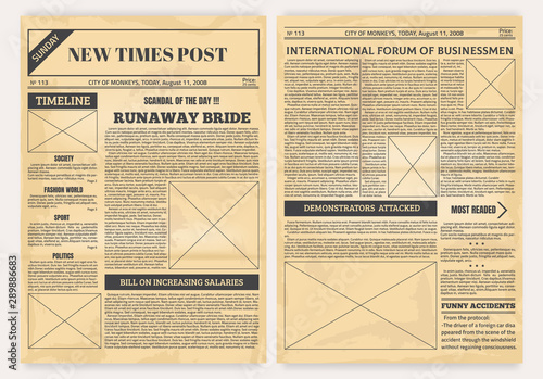 Vintage newspaper. Old realistic pages with headers and place for pictures, retro article layout. Vector illustration background text print page with newsprint media