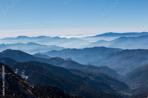 Natural beauty of Uttarakhand with snow covered mountains in Chopta Valley photo
