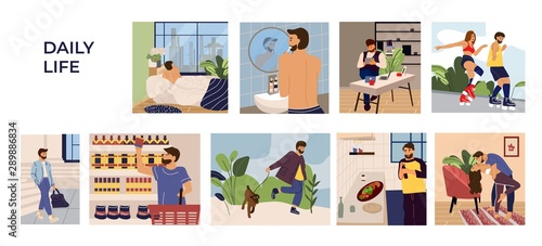Man activities scenes. Cartoon hand drawn young man character leisure, work and routine. Vector illustration set men in home and outdoors sleeping shopping resting working walk with dog