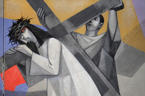 5th Stations of the Cross, Simon of Cyrene carries the cross, Church of the Holy Trinity in Gemunden am Main, Bavaria, Germany