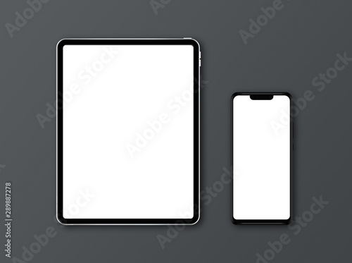 Modern tablet and smartphone photo mockup. Smartphone and tablet with blank screen. Template for branding identity. Top view. Photo mockup with clipping path.