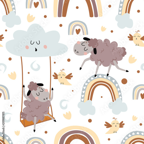 seamless pattern with a lamb on a swing and a lamb on a rainbow - vector illustration, eps