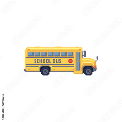 Pixel art 8 bit illustration - yellow children school bus isolated