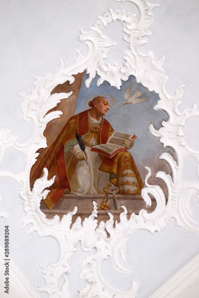 Saint Gregory the Great one of the four Great Latin Fathers, fresco in the church of St. Agatha in Schmerlenbach, Germany