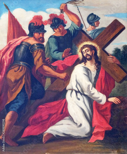 3rd Stations of the Cross, Jesus falls the first time, church of St. Agatha in Schmerlenbach, Germany