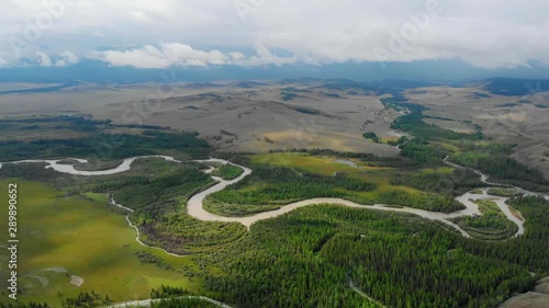 Aerial video over river Chuya in the Kurai steppe between the Kurai and the North Chuia Ranges in the south-eastern Altai, Siberia, Russia photo