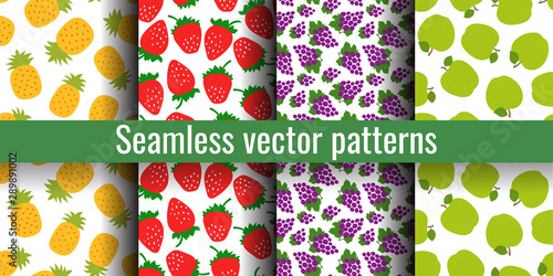 Fruit seamless pattern set. Pineapple, strawberries, grapes and apple. Fashion print. Design elements for textiles or clothes. Hand drawn doodle cute wallpaper. Natural background