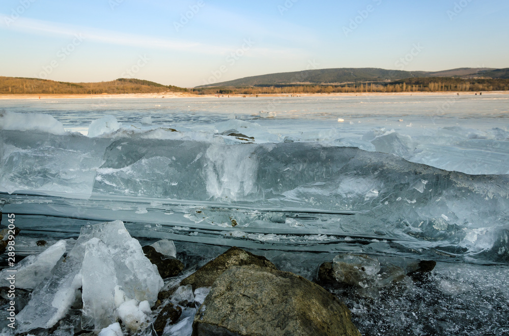 Ice hummocks on frozen lake