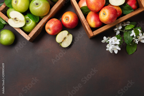 Ripe red and green apples in wooden box with branch of white flowers on a rusty background