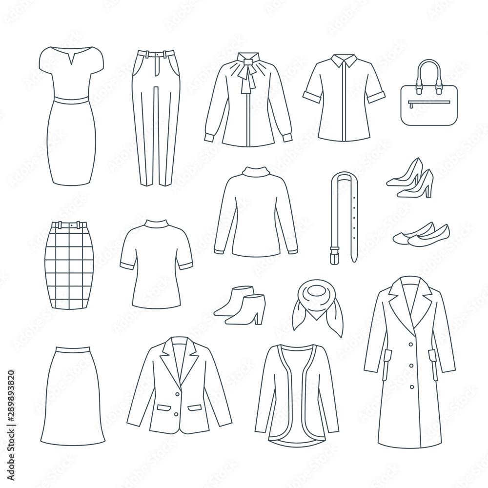 Vecteur Stock Business woman basic clothes and shoes set. Vector flat thin line  icons. Office formal dress code outfit. Simple outline pictograms of dress,  skirt, jacket, coat, trousers, shirt, bag, boots.