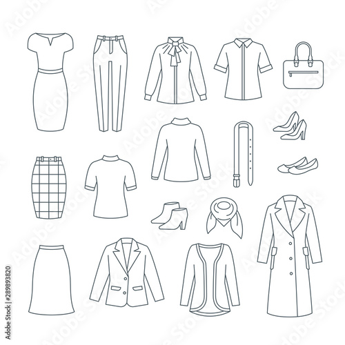 Business woman basic clothes and shoes set. Vector flat thin line icons. Office formal dress code outfit. Simple outline pictograms of dress, skirt, jacket, coat, trousers, shirt, bag, boots.