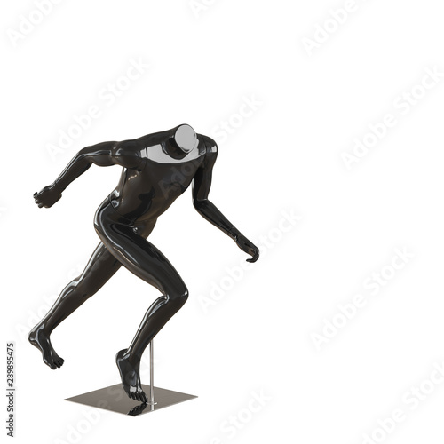 Black running headless mannequin on an iron stand. 3d rendering