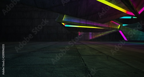 Abstract architectural concrete interior of a minimalist house with color gradient neon lighting. 3D illustration and rendering.