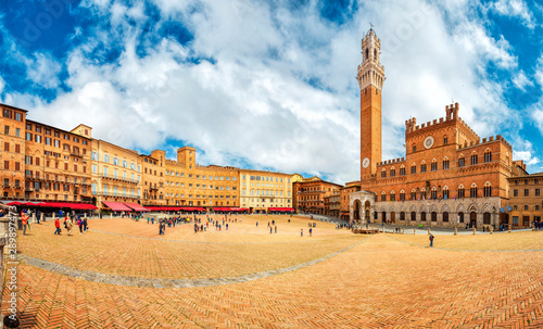 Obraz na płótnie Panorama of Piazza del Campo (Campo square) and Torre del Mangia (Mangia tower) in Siena, Tuscany, Italy