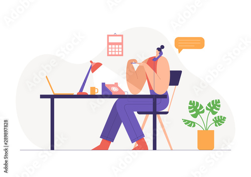 Woman working in office, talking on landline and doing a manicure. Workflow concept, modern businessman character. Flat vector illustration. Use in web projects and applications.