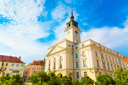 Old town square with town hall in city of Kalisz, Poland