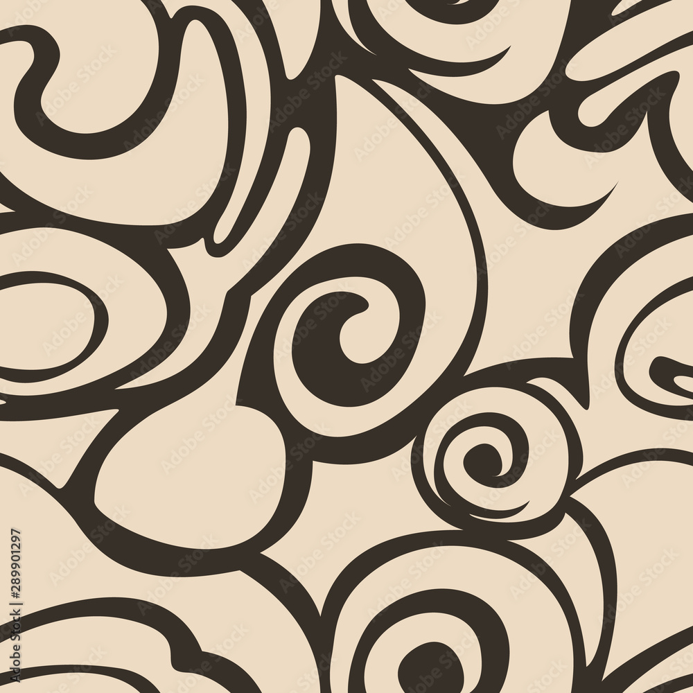Obraz premium Beige pattern from waves of flourishes and abstract shapes on a dark background.
