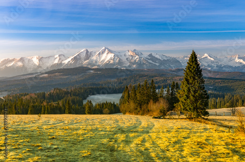 Beautiful spring panorama over Spisz highland to snowy Tatra mountains in the morning, Poland © tomeyk