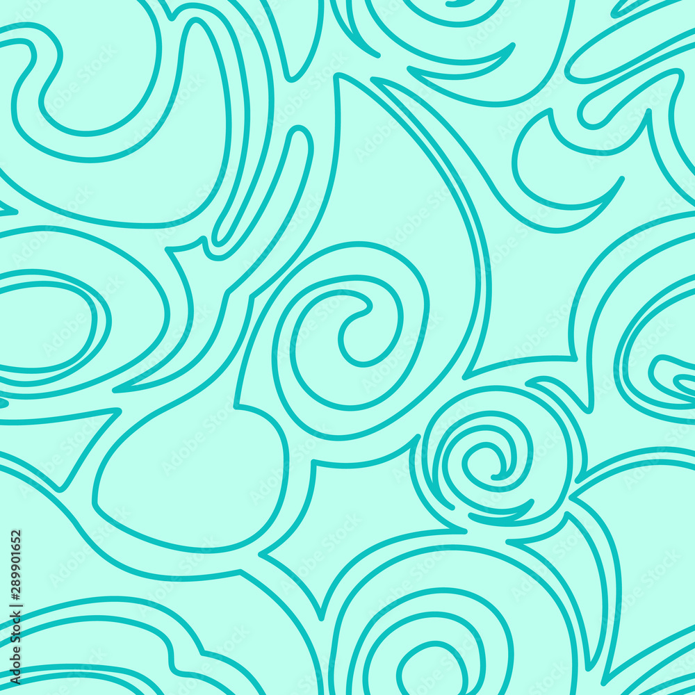 Fototapeta premium turquoise seamless pattern of waves and abstract shapes in a linear style for printing on fabric and wrapping paper.
