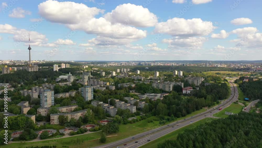 Aerial view over old soviet time architecture in Lazdynai district, Vilnius, Lithuania. During cloudy summer day. Drone flight. Aerial view over old soviet time architecture in Lazdynai district, Vilnius, Lithuania. During cloudy summer day. Drone flight.