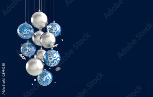Merry Christmas and Happy New Year 3d render illustration card with ornate blue and silver xmas balls  confetti. Winter decoration  minimal design