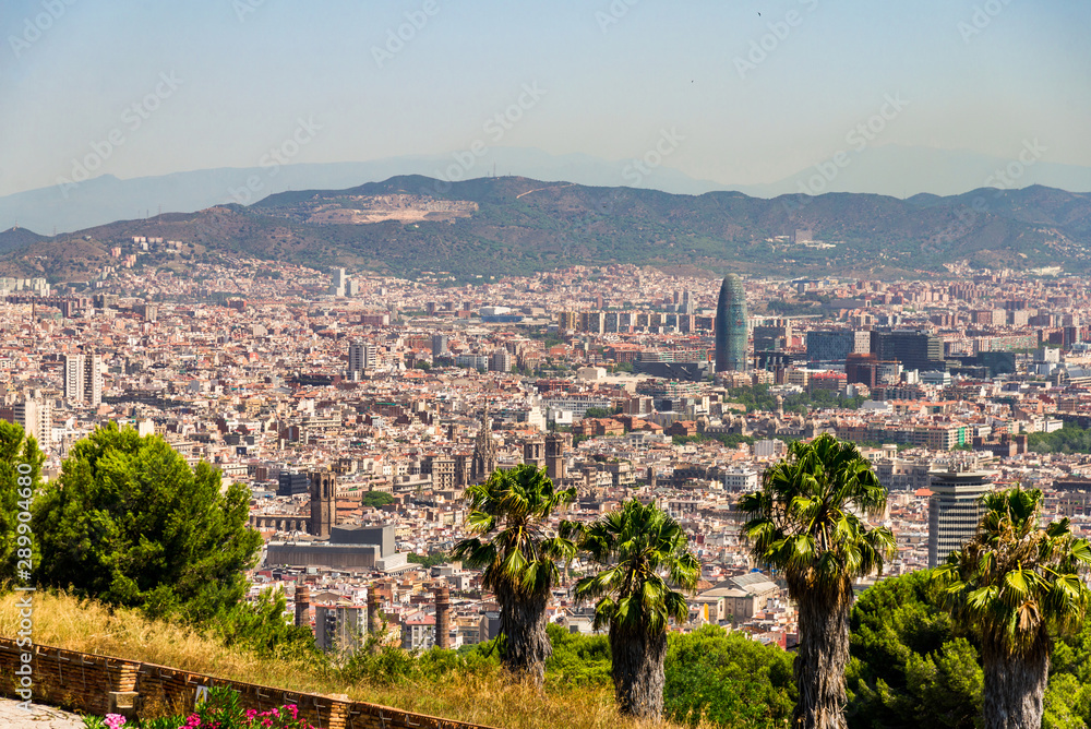 Panoramic view at Barcelona city and mountains in Spain