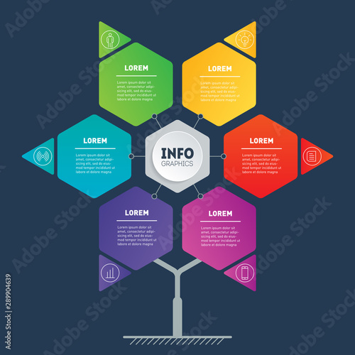 Business presentation or infographics concept looks like Star, with 6 options. Template of development tree. Info graphic of technology or education process with six steps and icons. Hexagon.