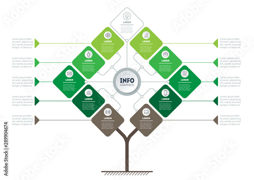 Timeline or infographics. Tree of development and growth of the eco business. Info graphic of tendencies. Business presentation concept with 10 options, parts, steps or processes.