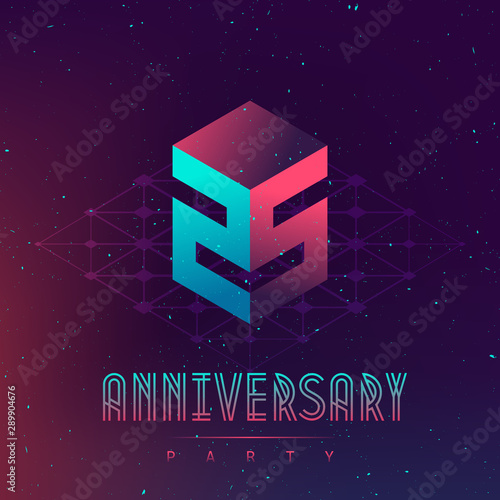25 Anniversary night party - Electronic music fest and electro space poster. Abstract gradients music background. Club party invitation flyer with number Twenty five.