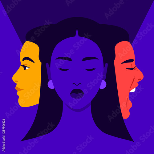 Mood swings. Bipolar disorder. Joy and aggression. Scream and smile. Female face in profile. Vector flat illustration