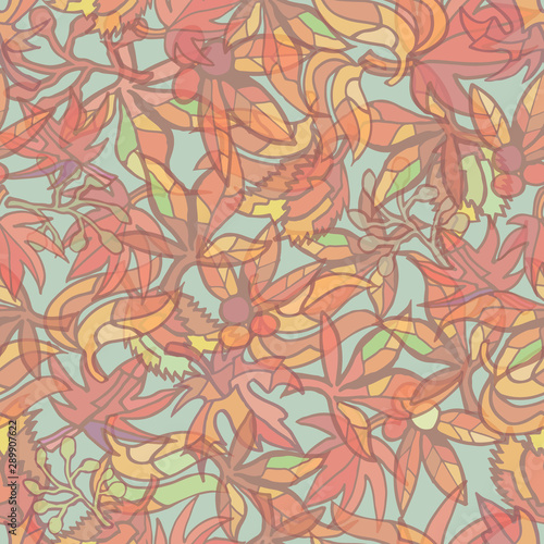 Vector seamless pattern featuring abstract fantasy fall foliage in red, orange and brown colors. Colorful thanksgiving or gardening and harvest pattern. Hand drawn. 