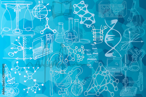 Vector pattern featuring line art sketch elements related to science or education. Physics medicine, or chemistry abstract background with parts of decorative lab tools and equipment. Hand drawn.