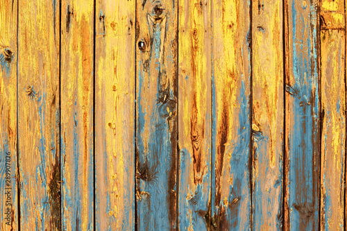 yellow and blue color painted old wooden planks texture