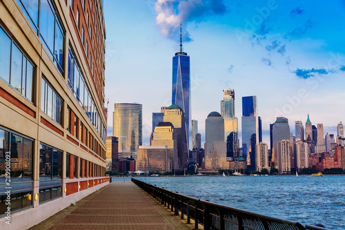 Lower Manhattan panorama at evening taken from Paulus Hook Pier in Jersey City
