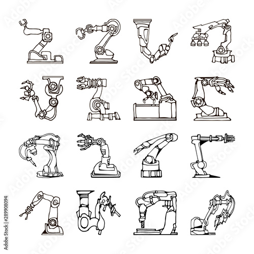 Vector abstract line art robot arm icons set illustrating industrial automation and fantasy machines. Hand drawn.