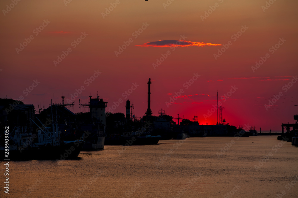 Liepaja Sea port silhouette in the sunset, Latvia