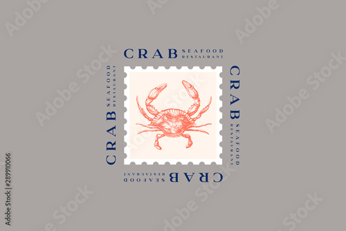 Logo template with an image of a crab drawn by graphic lines on a light background. Retro emblem for the menu of fish restaurants, markets and shops. Vector vintage engraving illustration.