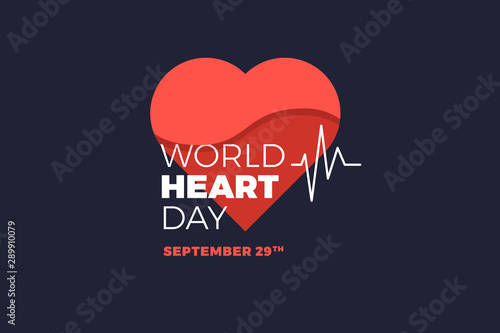 Emblem of World Heart Day with image of red heart on dark background. Medical sign on 29th of September. Vector illustration.