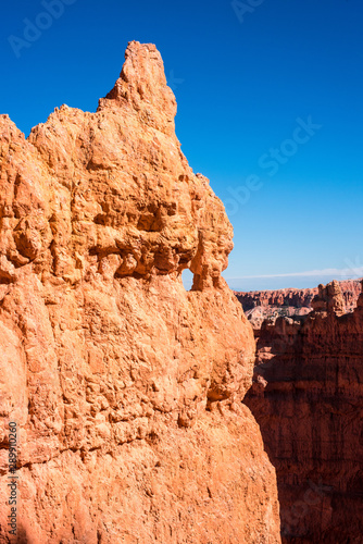 Hoo-doos and rock formations are formed in the sandstone from erosion over the centuries and comprise the colorful view at Bryce Canyon National Park.