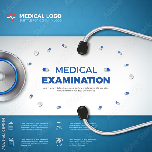 Healthcare banner with medical logo and flat icons on blue background. Excellent for medicine, health, cross and decoration for poster, social media posts, web, cover. Vector illustration