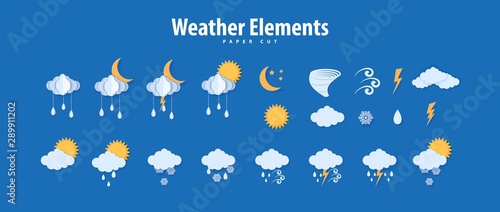 Weather icons in paper cut style. Vector paper carve climate elements clouds raindrops sun moon tornado thunder for meteorology poster design. Origami art creative symbols of storm