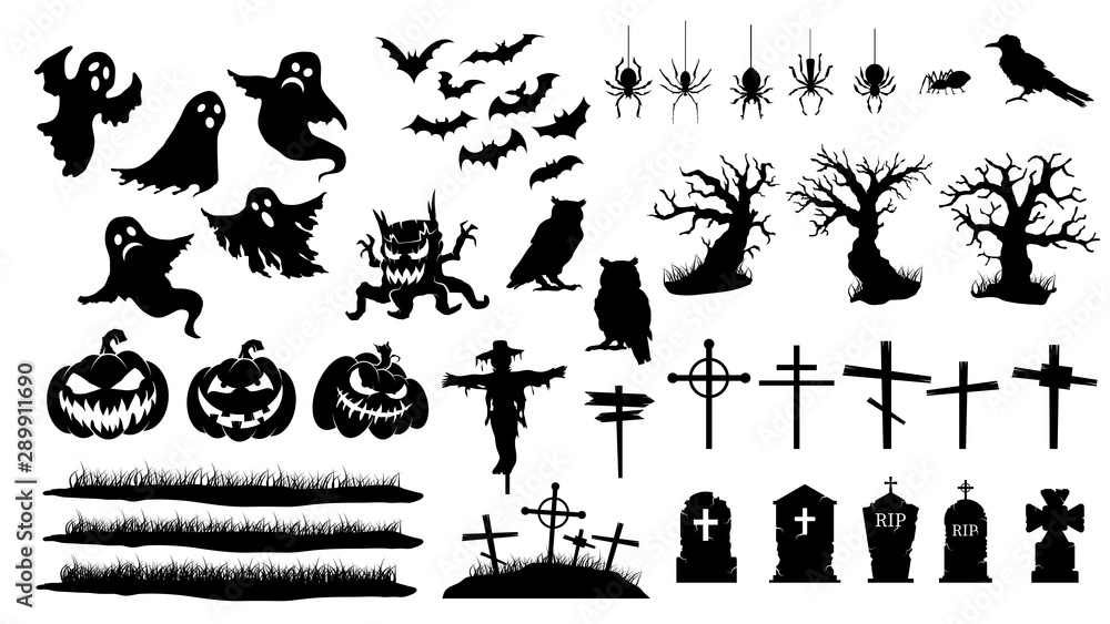Collection of halloween silhouettes. Vector set of halloween icon. - obrazy, fototapety, plakaty 