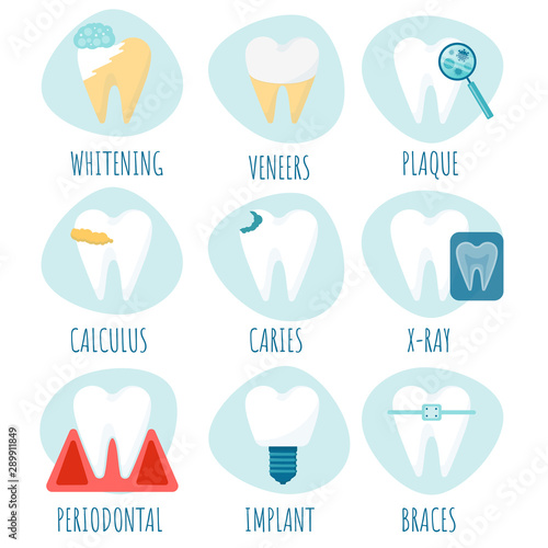 Cartoon vector set with teeth. Various problems with teeth. Caries, tartar, plaque, periodontal disease. Dental implant and veneers.
