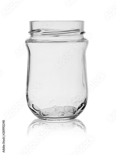 Open empty glass jar isolated on white background with reflection