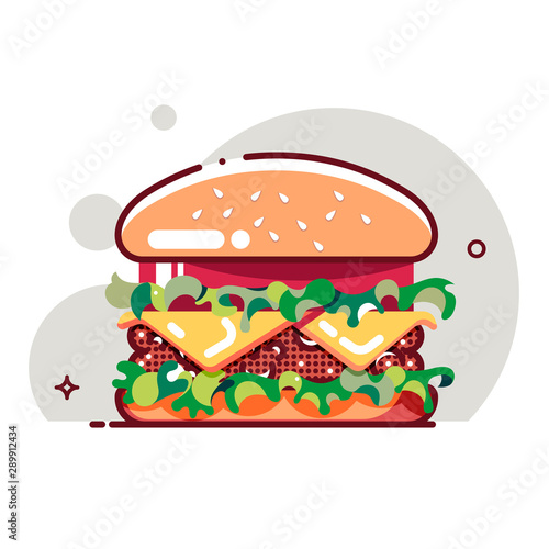 Big hamburger with tomato paste  cheese  beef cutlet and salad. Flat cartoon style. Isolated fast food icon for poster  web design  banner  logo or badge. Colorful vector illustration.