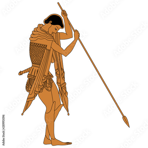 Isolated vector illustration. Young ancient Greek warrior with a spear. Vase painting style.