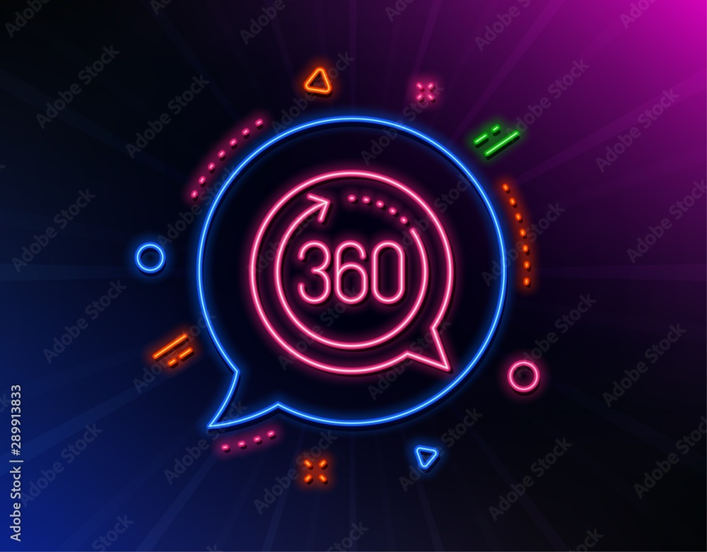 360 degrees line icon. Neon laser lights. VR simulation sign. Panoramic view symbol. Glow laser speech bubble. Neon lights chat bubble. Banner badge with 360 degrees icon. Vector 360 degrees line icon. Neon laser lights. VR simulation sign. Panoramic view symbol. Glow laser speech bubble. Neon lights chat bubble. Banner badge with 360 degrees icon. Vector
