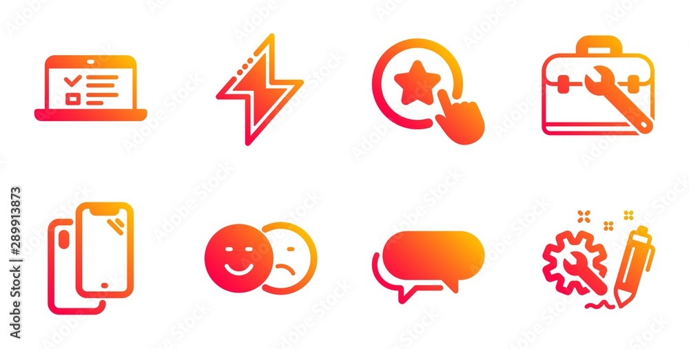 Smartphone, Energy and Like line icons set. Messenger, Tool case and Web lectures signs. Loyalty star, Engineering symbols. Phone, Thunderbolt. Technology set. Gradient smartphone icons set. Vector