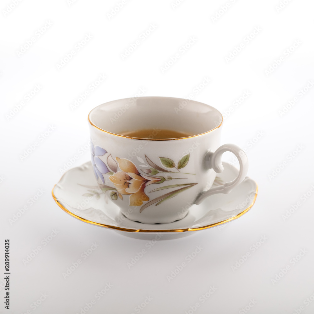 Fototapeta premium The cup of coffee isolated on white background. Top view at an angle. For design.